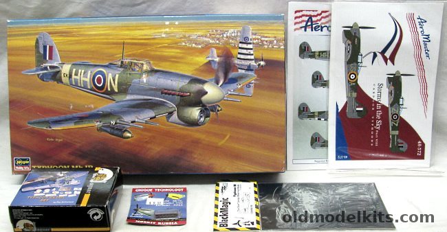 Hasegawa 1/48 Hawker Typhoon Mk.1B with Jaguar Detail Set / Moskit Exhuast / Black Magic Mask / (2) AeroMaster Decal Sheets - RAF No.175 Sq or No.198 Sq, JT59 plastic model kit